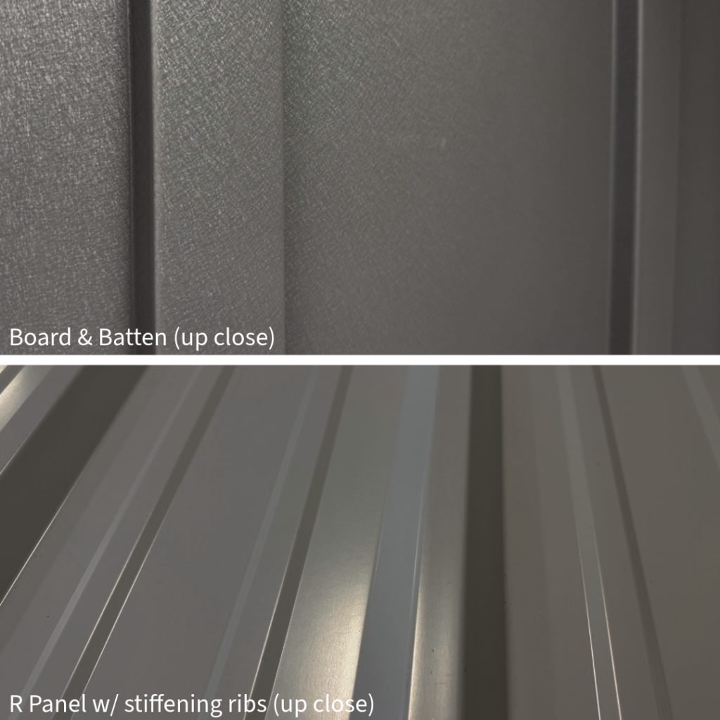 Close-up detail of board and batten metal siding next to R-Panel metal siding