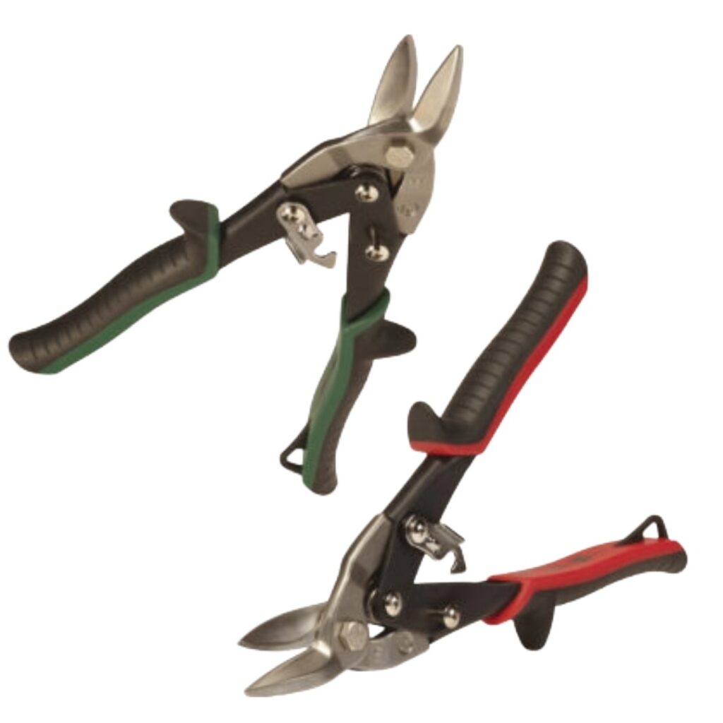 Malco AV aviation snips with POWER-FIT™ ergonomic hand grips, hardened forged steel jaws, and easy-release side latch, designed for cutting sheet metal and metal roofing panels with maximum grip, durability, and reduced user fatigue in tough jobsite conditions.