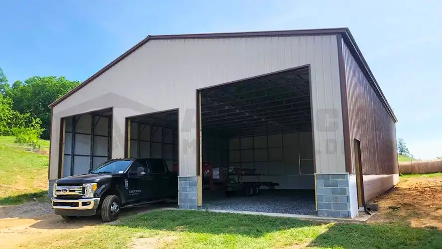 Post-frame garage designed for vehicle storage and workshop use