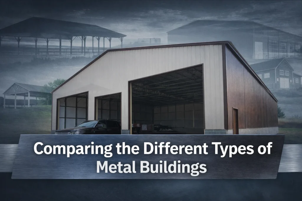 Different types of metal buildings including post-frame construction, pole barns, barndominiums, and steel garages