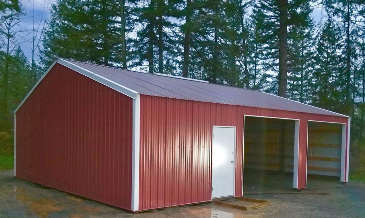 Custom post-frame building constructed with metal panels and engineered wood posts