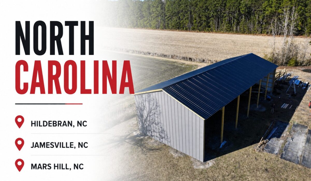 North Carolina metal roofing supplier with locations in Hildebran, Jamesville, and Mars Hill featuring a post-frame building with premium exposed fastener metal roofing panels.