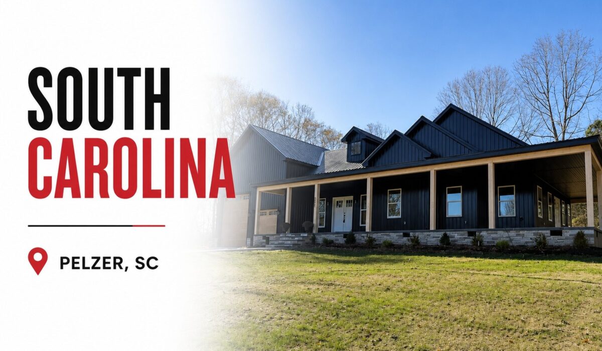 South Carolina metal roofing supplier in Pelzer, SC featuring a custom home with durable exposed fastener metal roofing panels manufactured by Lyon Metal Roofing & Home Supply.
